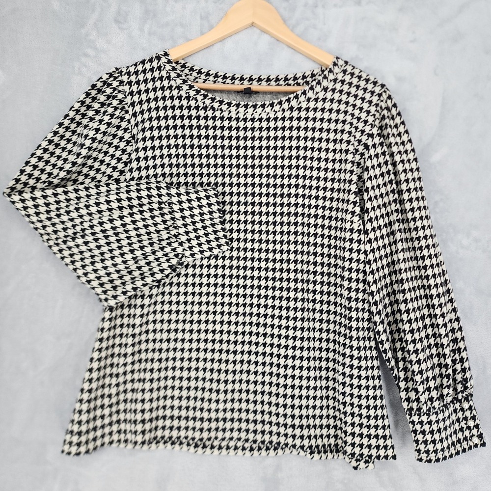 Talbots Top Womens Size 2X Black White Houndstooth Pearl Cuff Puff Sleeve Knit